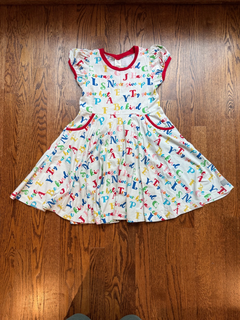 Eleanor Rose Multicolor Positive Sayings Twirl Dress with Red Trim Sz 10